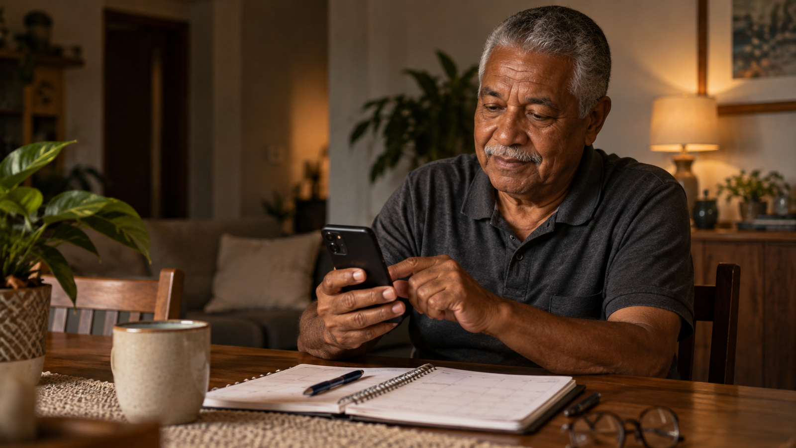 Homem aposentado consulta o celular à mesa, com caderno e óculos ao lado.