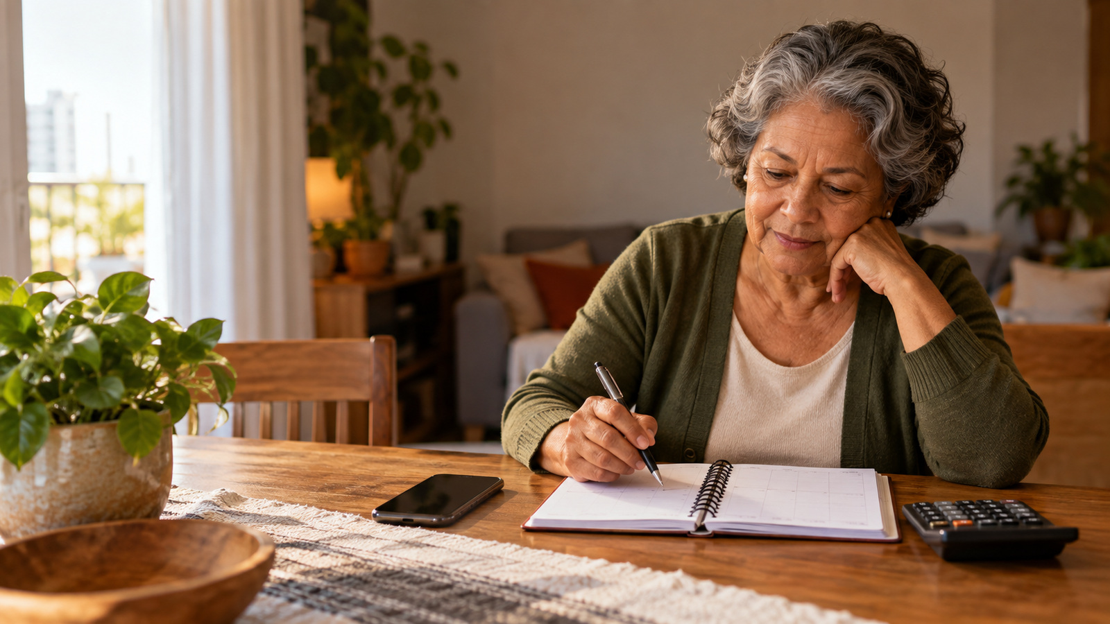 Mulher idosa anota informações em um caderno à mesa.