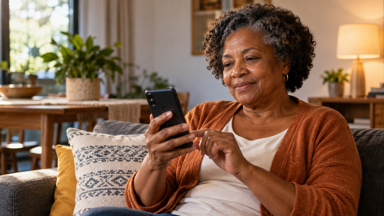 Mulher idosa consulta o celular em casa.
