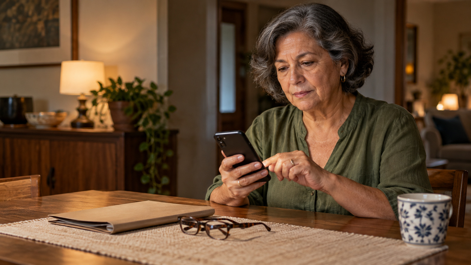 Mulher idosa consulta o celular à mesa, com caderno e óculos.
